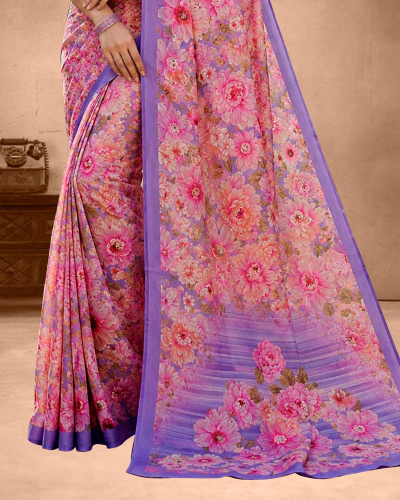 Vishal Prints Pink Lavender Floral Digital Print Georgette Saree