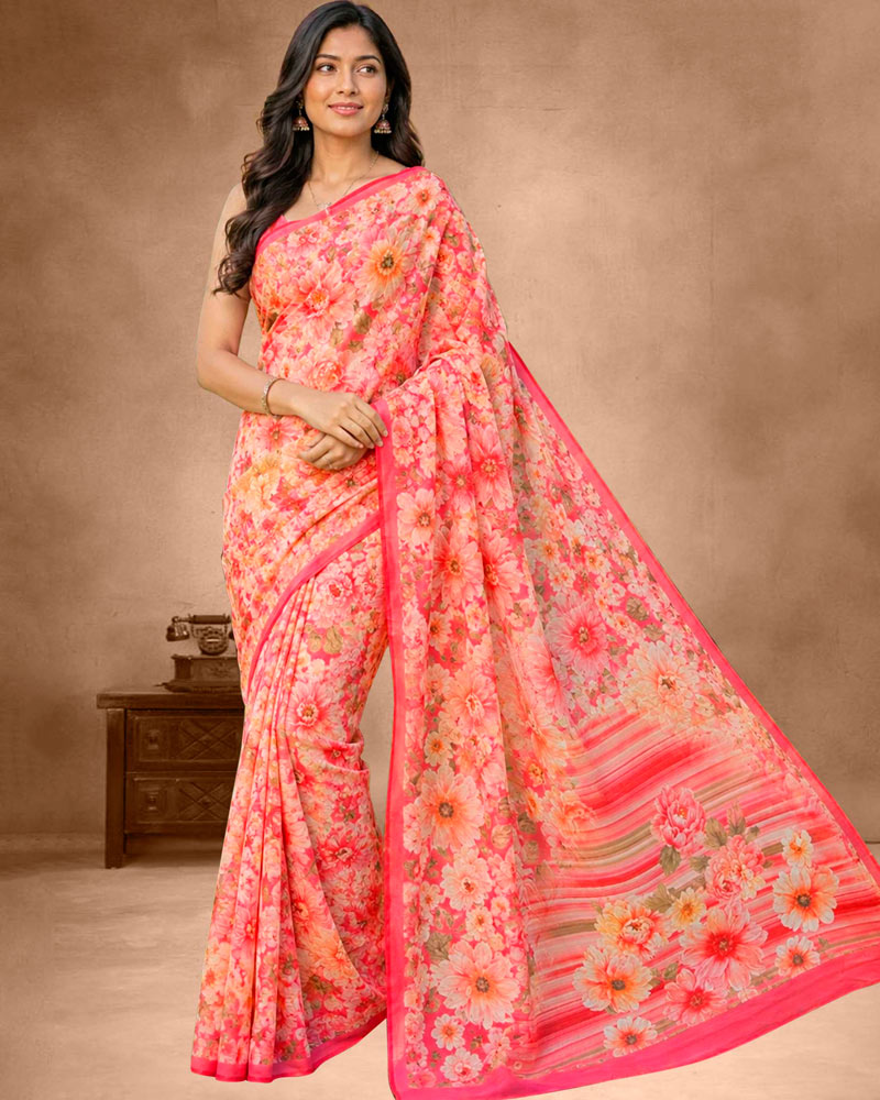 Vishal Prints Dark Fuchsia Pink Floral Digital Print Georgette Saree