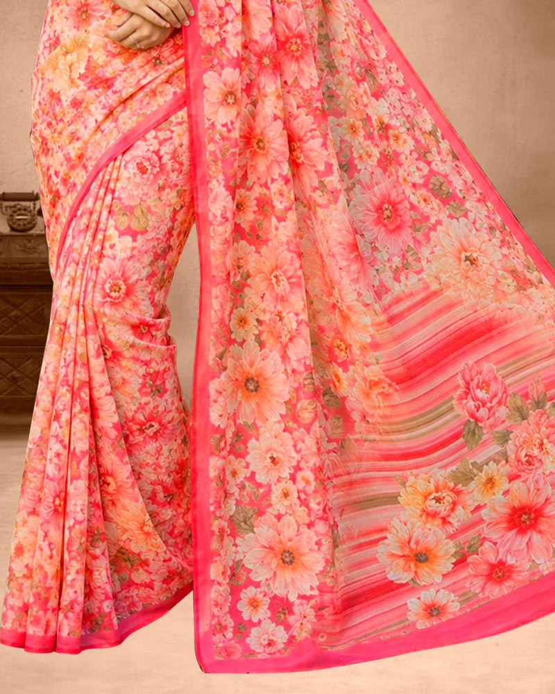 Vishal Prints Dark Fuchsia Pink Floral Digital Print Georgette Saree