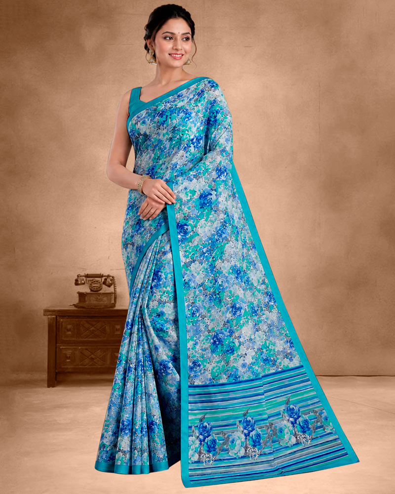 Vishal Prints Electric Blue Floral Digital Print Georgette Saree
