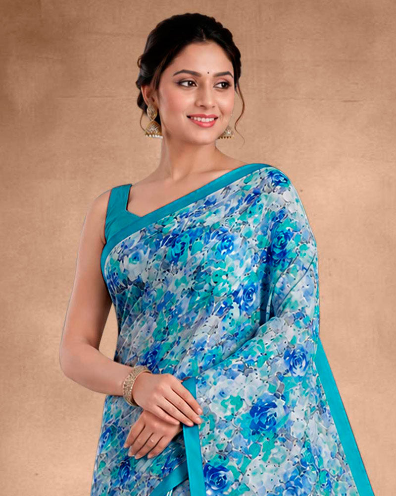 Vishal Prints Electric Blue Floral Digital Print Georgette Saree