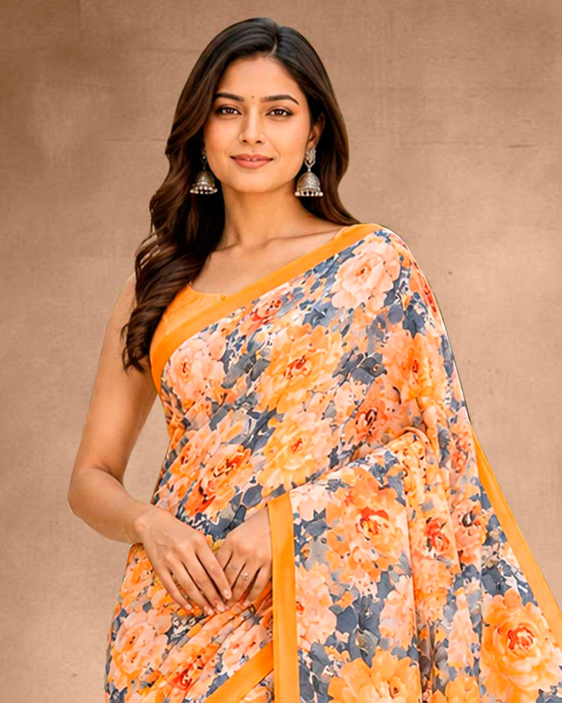 Vishal Prints Grey Orange Floral Digital Print Georgette Saree