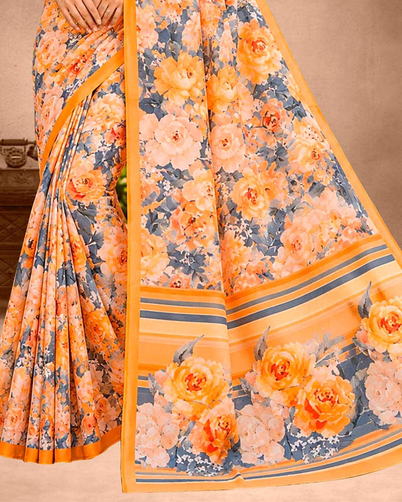 Vishal Prints Grey Orange Floral Digital Print Georgette Saree