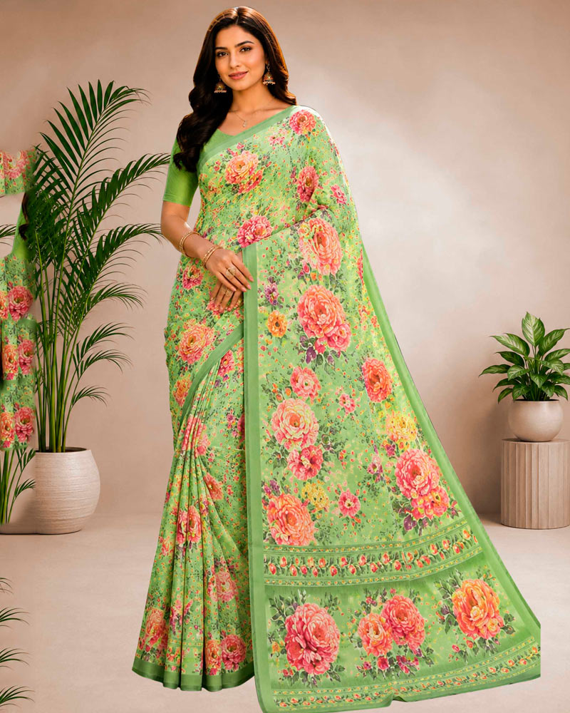 Vishal Prints Light Pista Green Floral Digital Print Georgette Saree