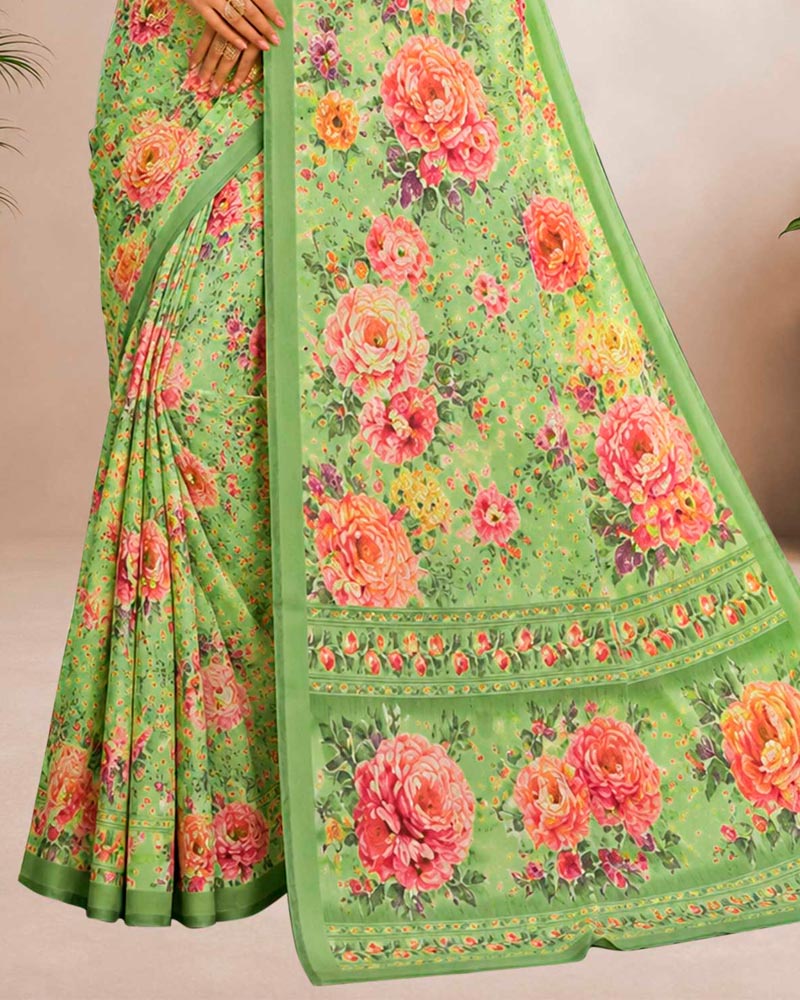 Vishal Prints Light Pista Green Floral Digital Print Georgette Saree