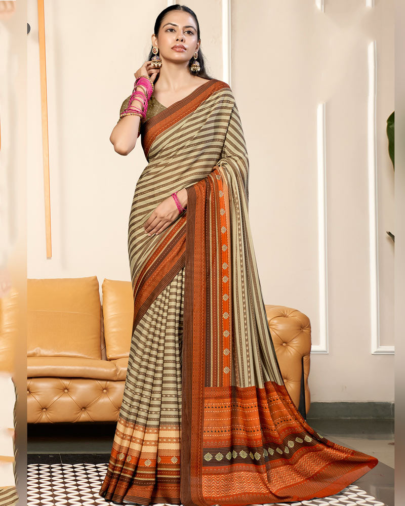 Vishal Prints Dark Beige And Flame Orange Criva Crepe Digital Print Saree