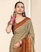 Vishal Prints Dark Beige And Flame Orange Criva Crepe Digital Print Saree