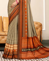 Vishal Prints Dark Beige And Flame Orange Criva Crepe Digital Print Saree