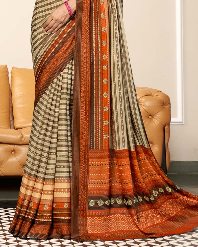 Vishal Prints Dark Beige And Flame Orange Criva Crepe Digital Print Saree