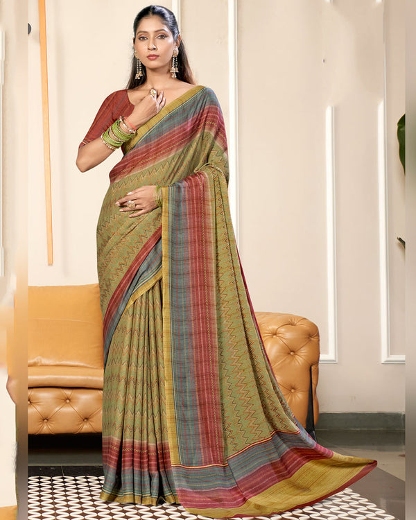 Vishal Prints Dark Beige And Brownish Red Criva Crepe Digital Print Saree