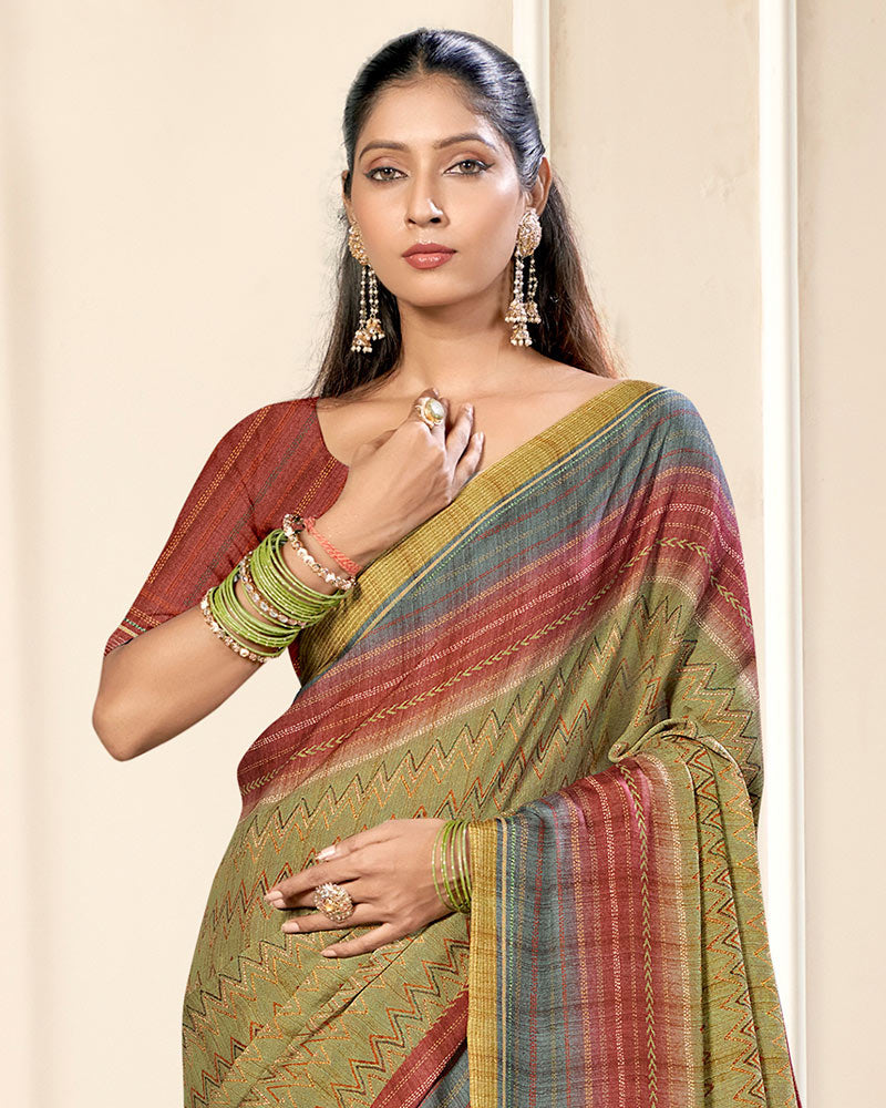 Vishal Prints Dark Beige And Brownish Red Criva Crepe Digital Print Saree