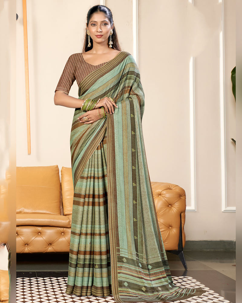 Vishal Prints Greenish Grey And Pale Brown Criva Crepe Digital Print Saree