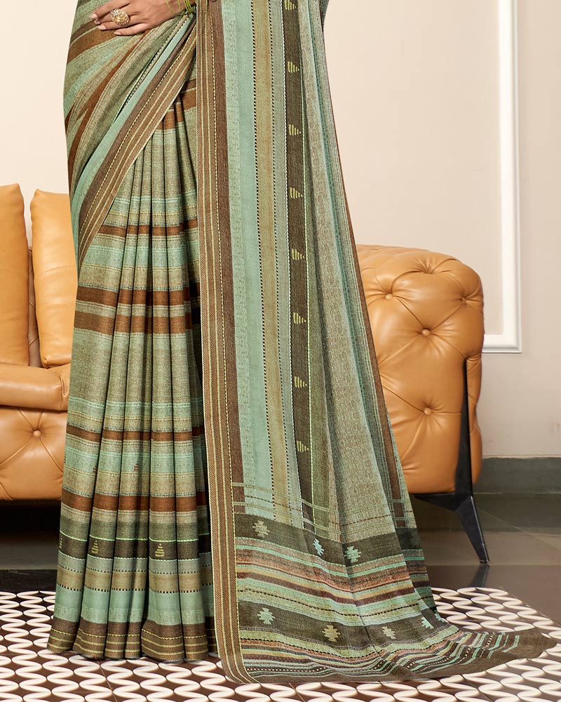 Vishal Prints Greenish Grey And Pale Brown Criva Crepe Digital Print Saree