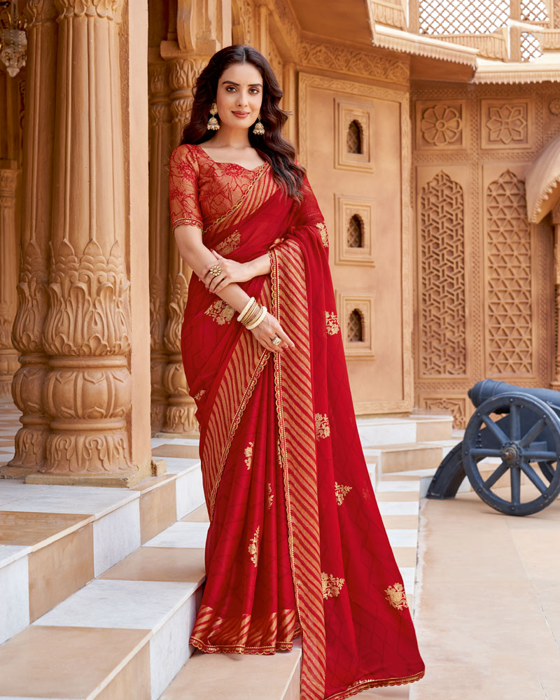 Vishal Prints Scarlet Red Printed Chiffon Saree With Foil Print And Cut Work Border