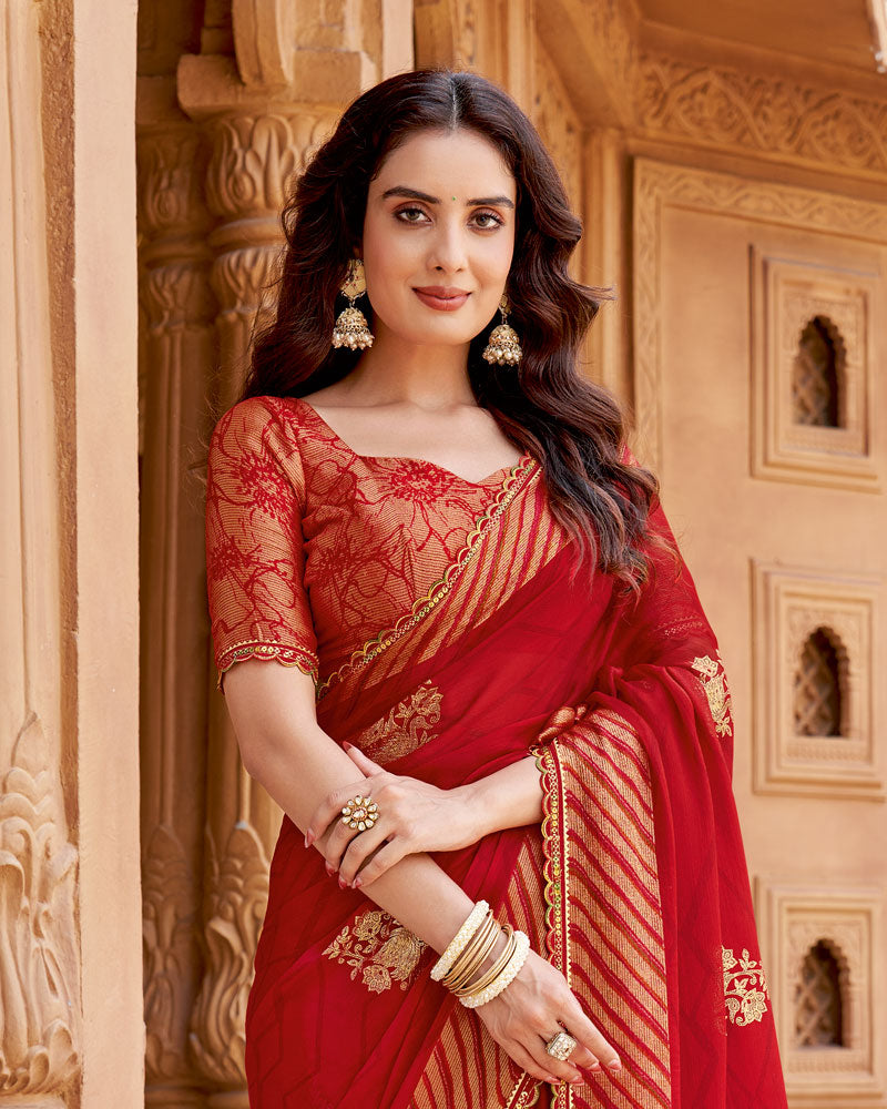 Vishal Prints Scarlet Red Printed Chiffon Saree With Foil Print And Cut Work Border