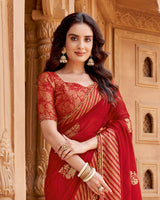 Vishal Prints Scarlet Red Printed Chiffon Saree With Foil Print And Cut Work Border