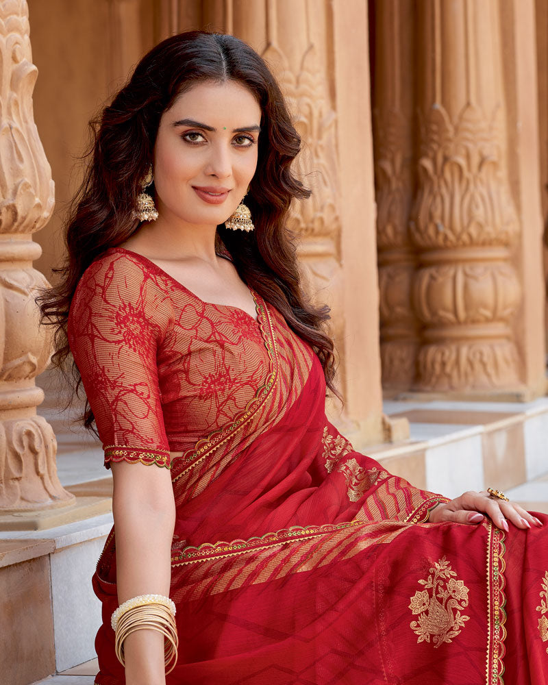 Vishal Prints Scarlet Red Printed Chiffon Saree With Foil Print And Cut Work Border