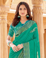 Vishal Prints Pine Green Printed Chiffon Saree With Foil Print And Cut Work Border