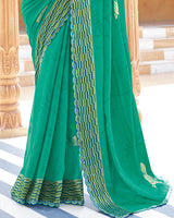 Vishal Prints Pine Green Printed Chiffon Saree With Foil Print And Cut Work Border