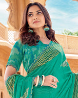 Vishal Prints Pine Green Printed Chiffon Saree With Foil Print And Cut Work Border