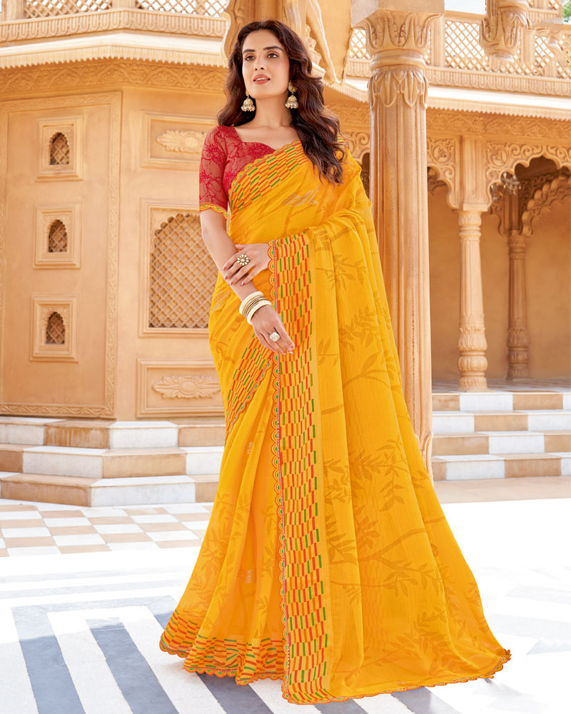 Vishal Prints Yellowish Orange Printed Chiffon Saree With Foil Print And Cut Work Border