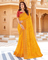 Vishal Prints Yellowish Orange Printed Chiffon Saree With Foil Print And Cut Work Border