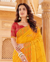 Vishal Prints Yellowish Orange Printed Chiffon Saree With Foil Print And Cut Work Border