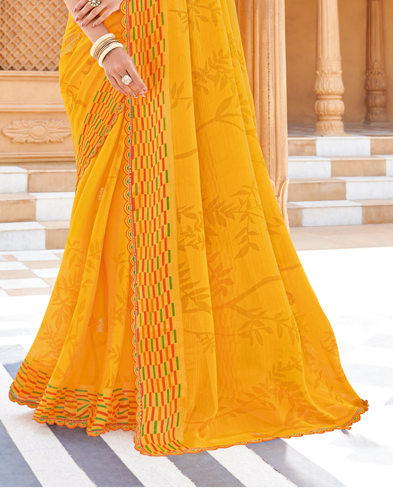Vishal Prints Yellowish Orange Printed Chiffon Saree With Foil Print And Cut Work Border