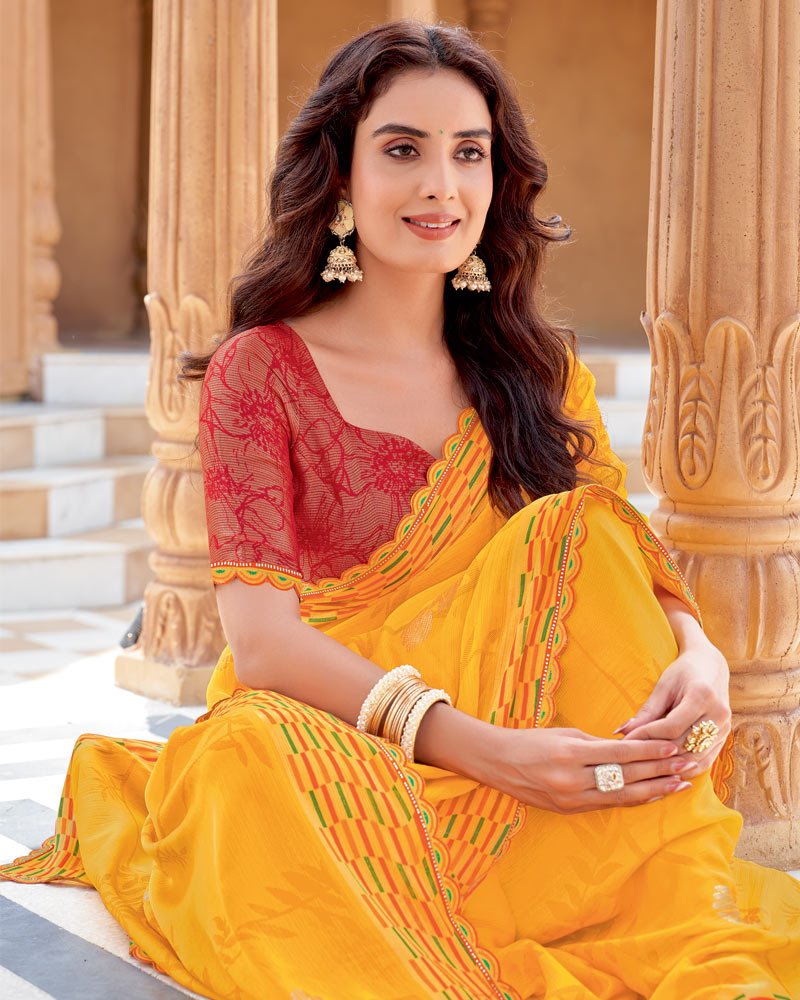 Vishal Prints Yellowish Orange Printed Chiffon Saree With Foil Print And Cut Work Border