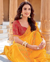 Vishal Prints Yellowish Orange Printed Chiffon Saree With Foil Print And Cut Work Border