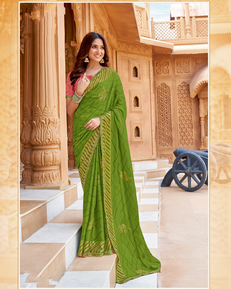 Vishal Prints Olive Green Printed Chiffon Saree With Foil Print And Cut Work Border
