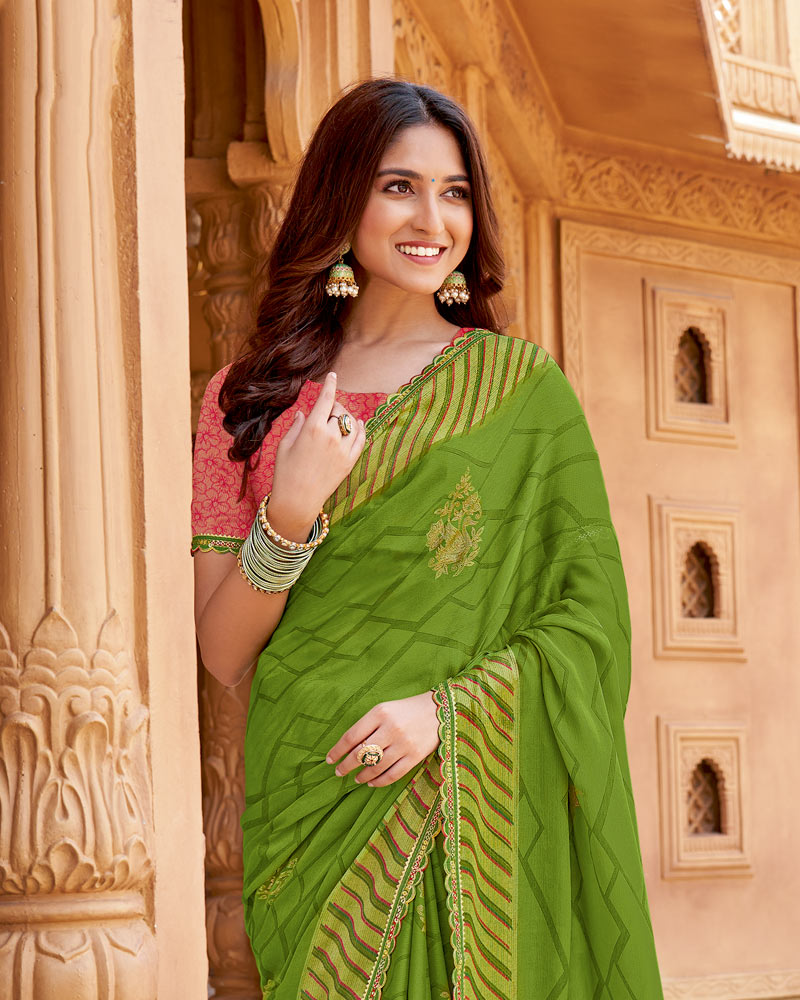 Vishal Prints Olive Green Printed Chiffon Saree With Foil Print And Cut Work Border