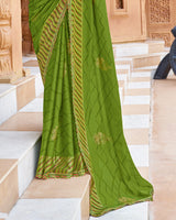 Vishal Prints Olive Green Printed Chiffon Saree With Foil Print And Cut Work Border