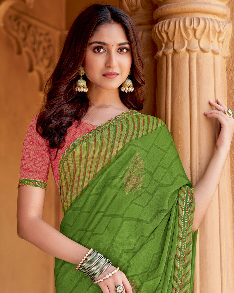 Vishal Prints Olive Green Printed Chiffon Saree With Foil Print And Cut Work Border