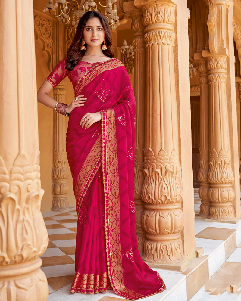 Vishal Prints Purplish Red Printed Chiffon Saree With Foil Print And Cut Work Border