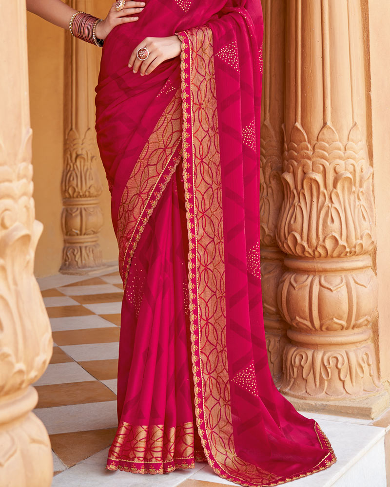 Vishal Prints Purplish Red Printed Chiffon Saree With Foil Print And Cut Work Border