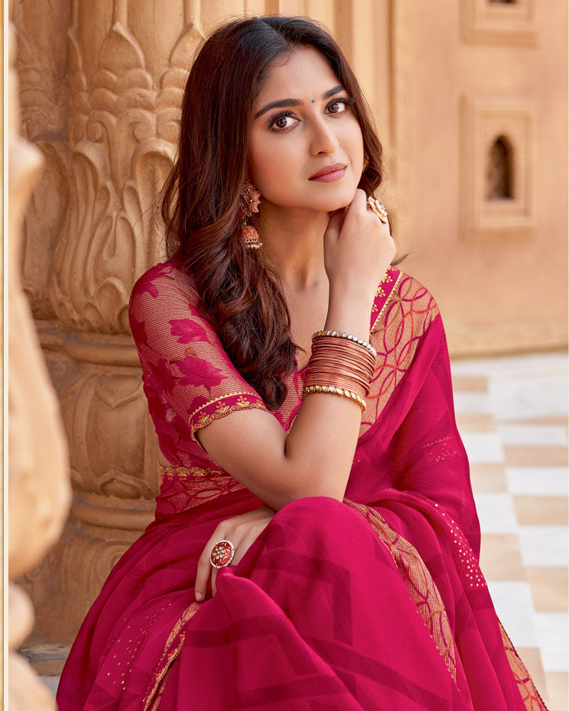Vishal Prints Purplish Red Printed Chiffon Saree With Foil Print And Cut Work Border