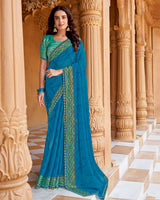 Vishal Prints Persian Blue Printed Chiffon Saree With Foil Print And Cut Work Border