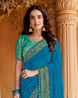 Vishal Prints Persian Blue Printed Chiffon Saree With Foil Print And Cut Work Border