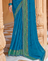 Vishal Prints Persian Blue Printed Chiffon Saree With Foil Print And Cut Work Border