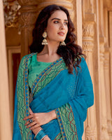 Vishal Prints Persian Blue Printed Chiffon Saree With Foil Print And Cut Work Border