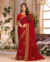 Vishal Prints Chili Red Printed Chiffon Saree With Foil Print And Cut Work Embroidery Border