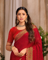 Vishal Prints Chili Red Printed Chiffon Saree With Foil Print And Cut Work Embroidery Border