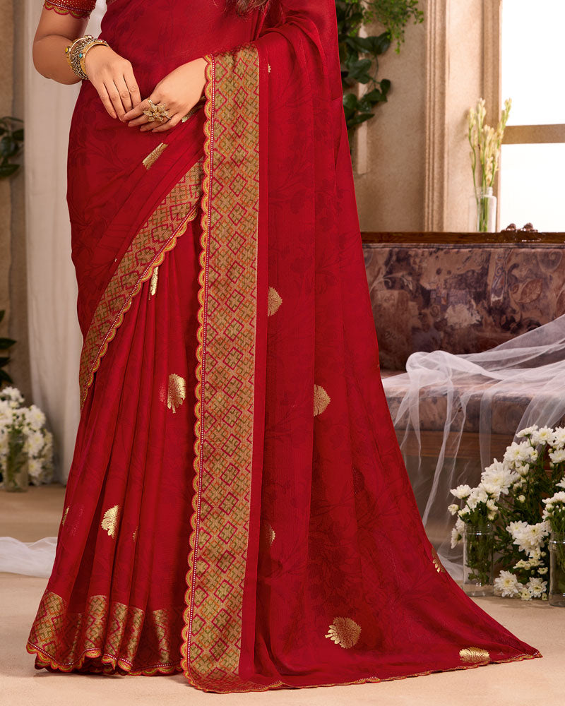 Vishal Prints Chili Red Printed Chiffon Saree With Foil Print And Cut Work Embroidery Border