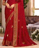 Vishal Prints Chili Red Printed Chiffon Saree With Foil Print And Cut Work Embroidery Border