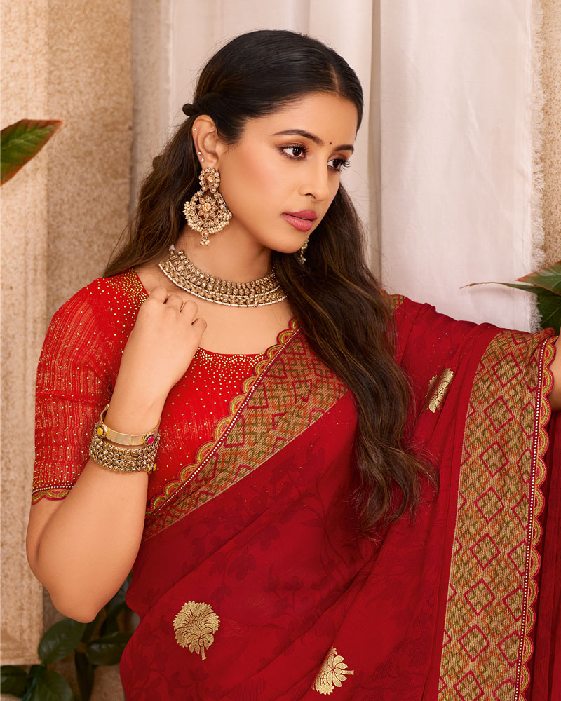 Vishal Prints Chili Red Printed Chiffon Saree With Foil Print And Cut Work Embroidery Border