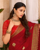 Vishal Prints Chili Red Printed Chiffon Saree With Foil Print And Cut Work Embroidery Border