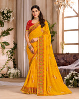 Vishal Prints Golden Yellow Printed Chiffon Saree With Foil Print And Cut Work Embroidery Border