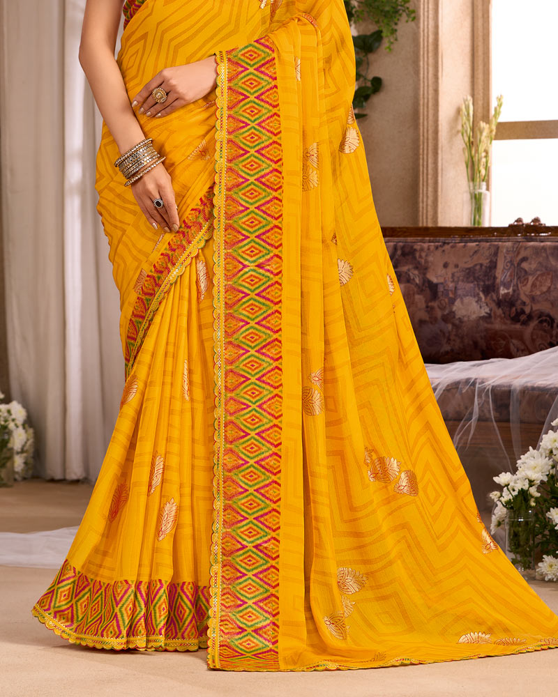 Vishal Prints Golden Yellow Printed Chiffon Saree With Foil Print And Cut Work Embroidery Border