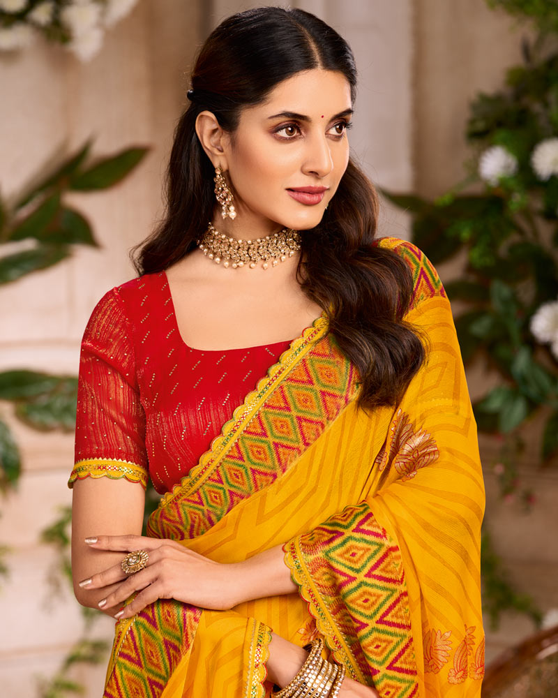 Vishal Prints Golden Yellow Printed Chiffon Saree With Foil Print And Cut Work Embroidery Border